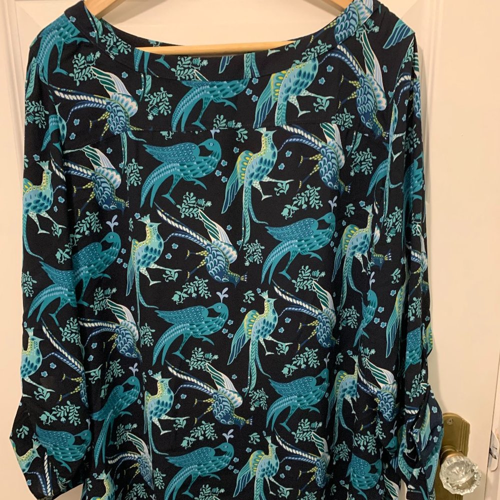 Women’s Teal Bird Print Blouse - Black Background